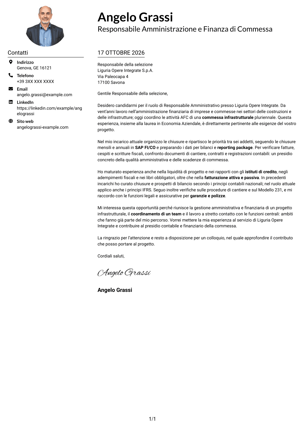 Esempio di lettera di presentazione — pagina 1