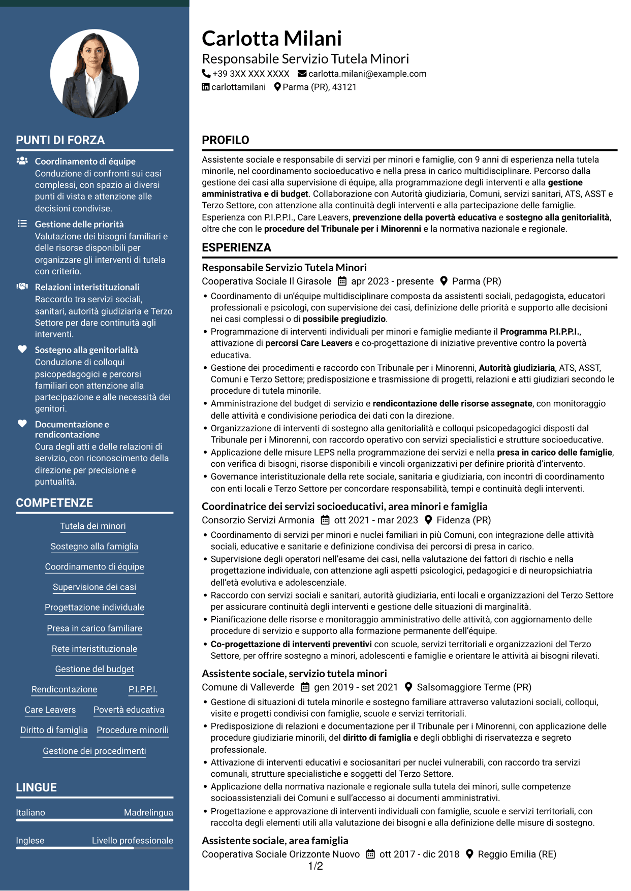 CV Elegante (formato con colonna laterale colorata e foto): Responsabile Area Minori e Famiglia, pagina 1