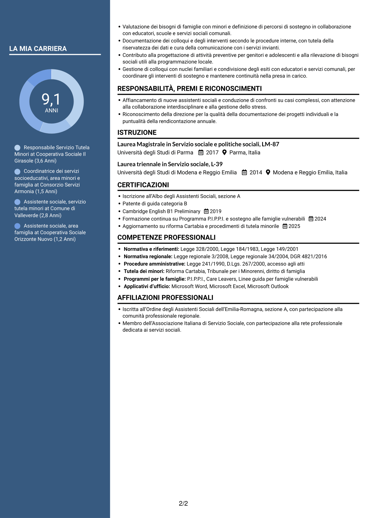 CV Elegante (formato con colonna laterale colorata e foto): Responsabile Area Minori e Famiglia, pagina 2
