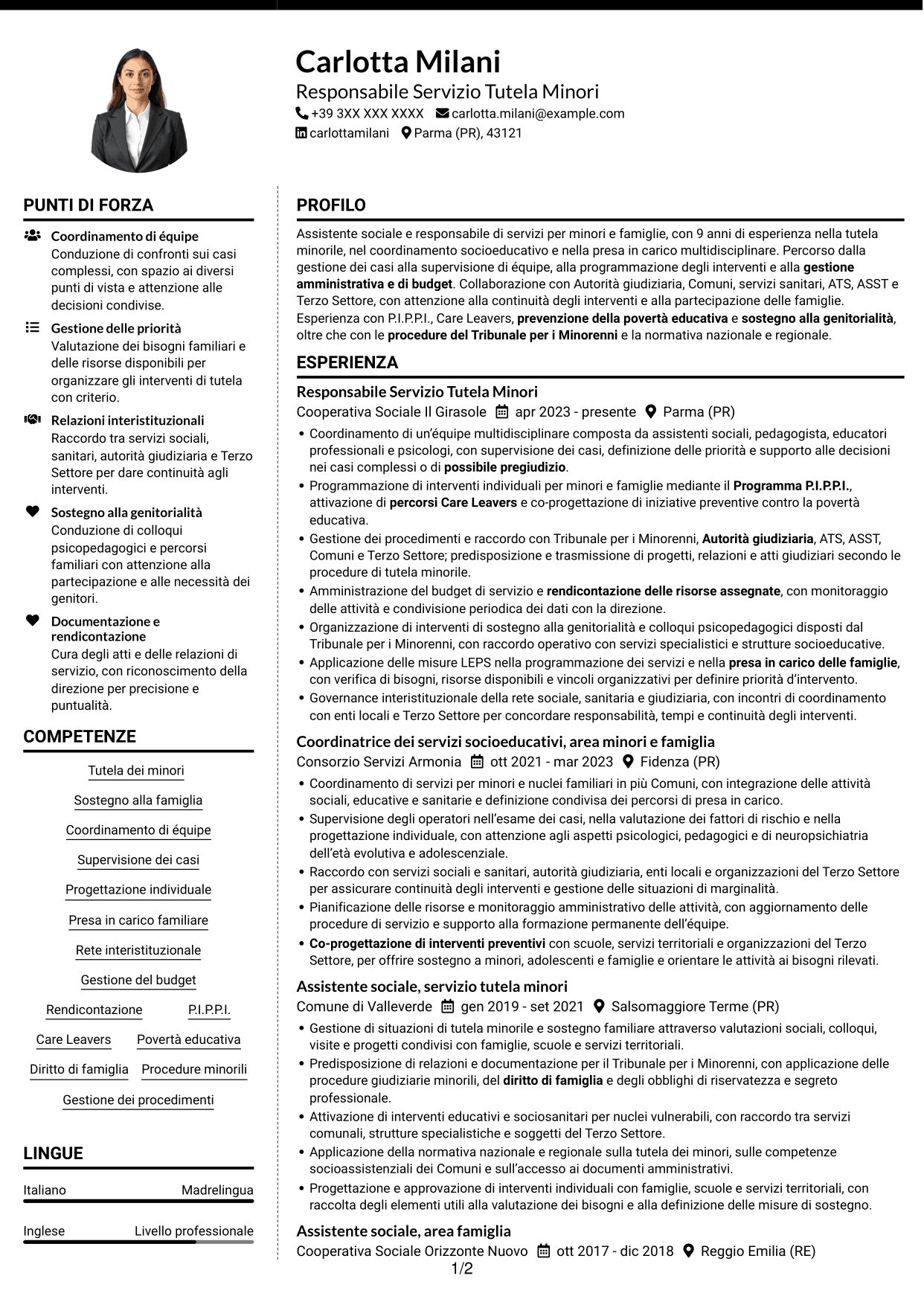 CV Moderno (formato a due colonne con foto a sinistra e separatore): Responsabile Area Minori e Famiglia, pagina 1