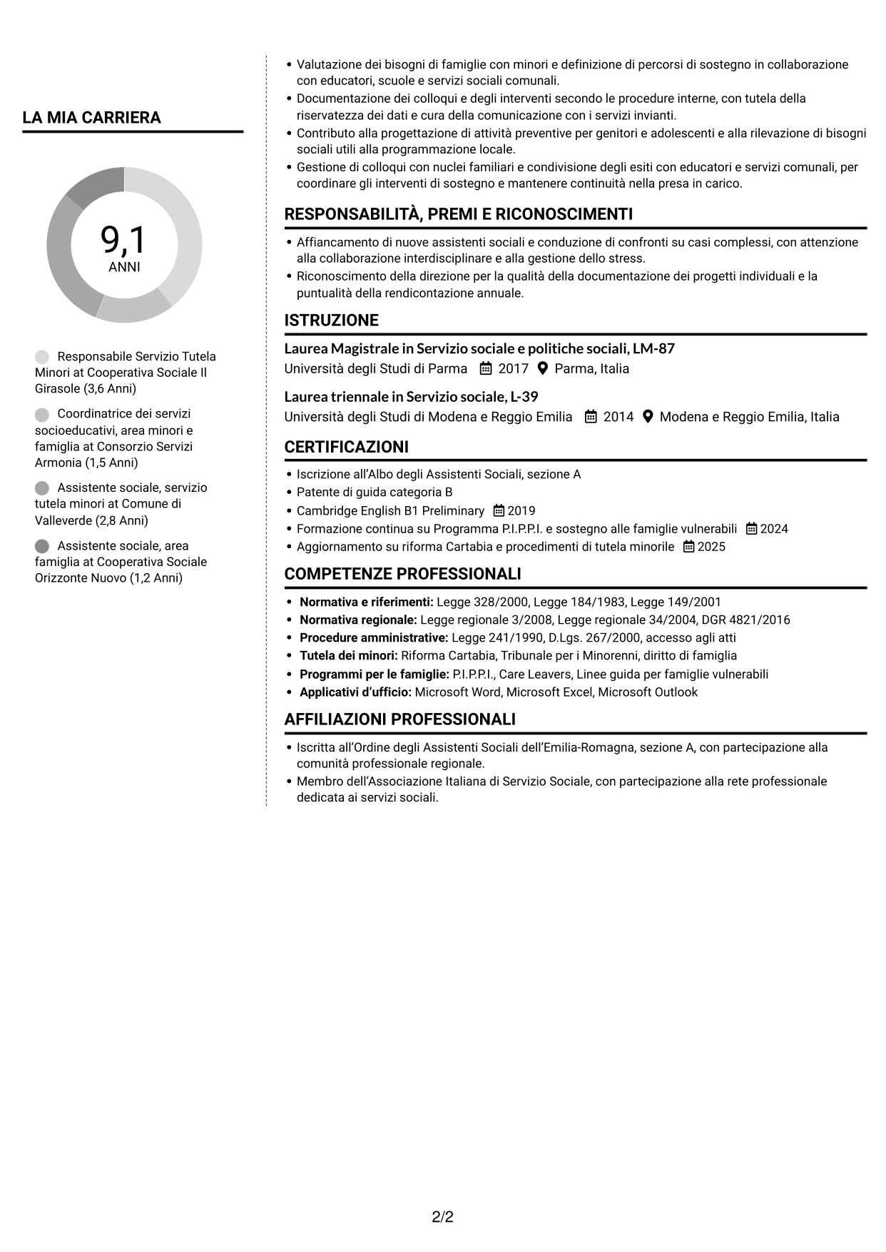 CV Moderno (formato a due colonne con foto a sinistra e separatore): Responsabile Area Minori e Famiglia, pagina 2