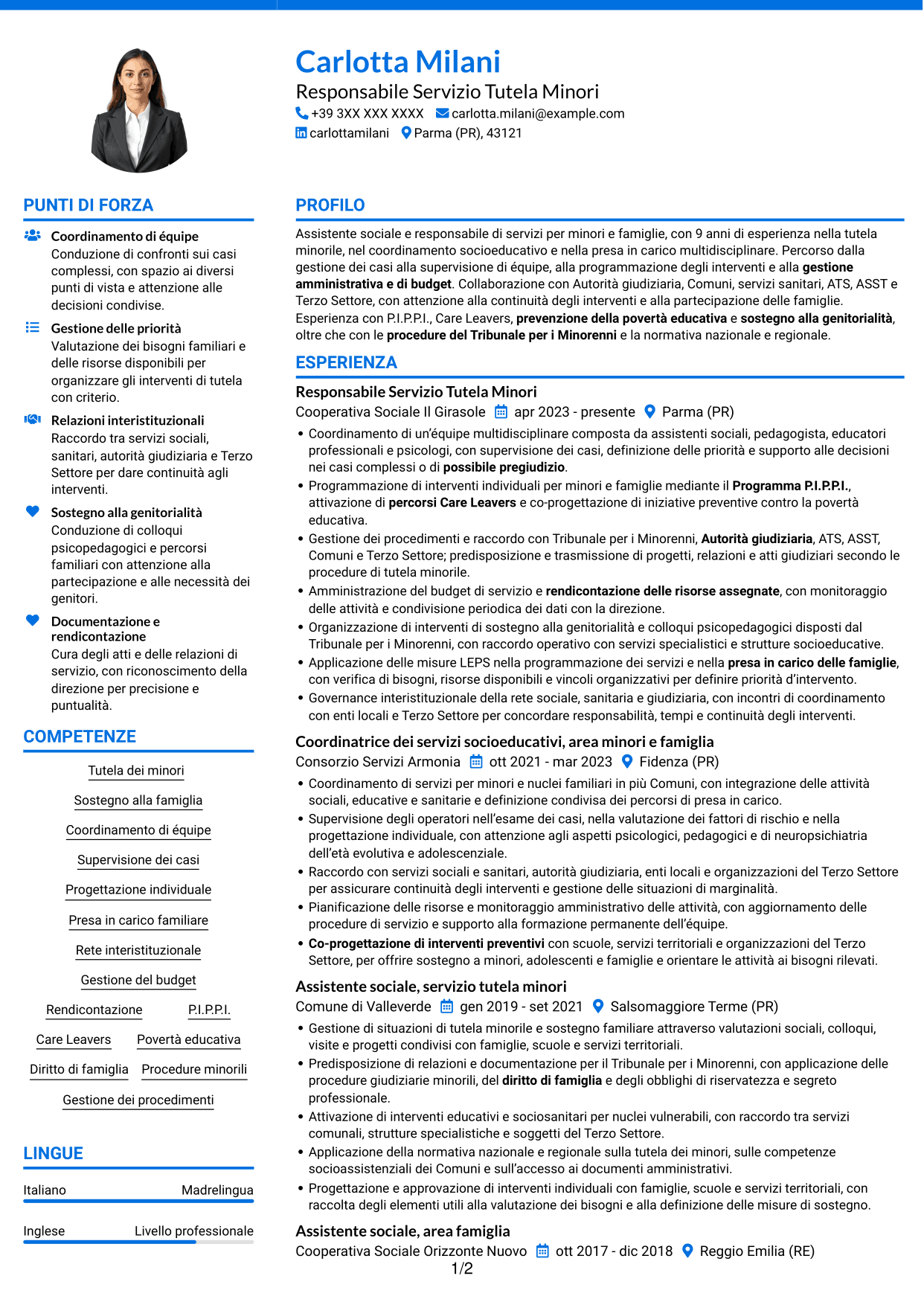CV Audace (formato a due colonne con accenti colorati e foto): Responsabile Area Minori e Famiglia, pagina 1