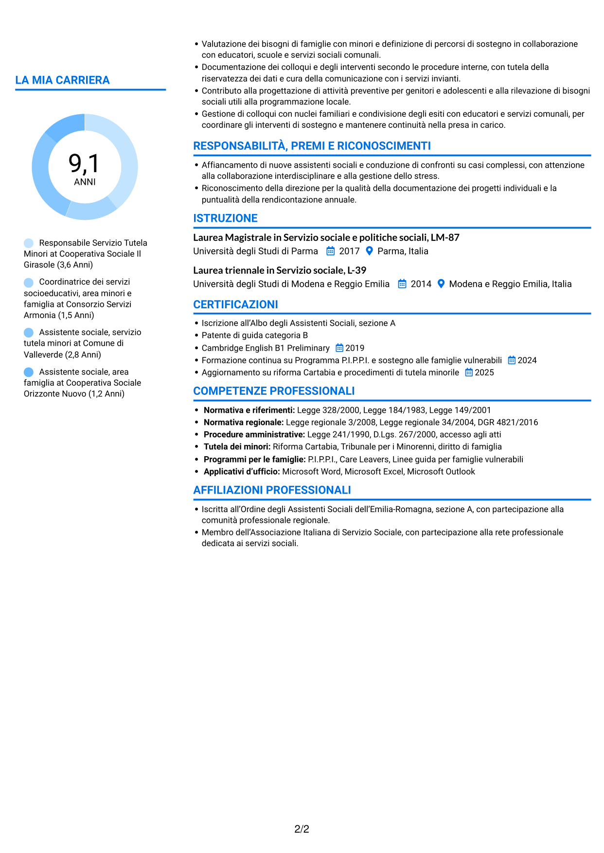 CV Audace (formato a due colonne con accenti colorati e foto): Responsabile Area Minori e Famiglia, pagina 2