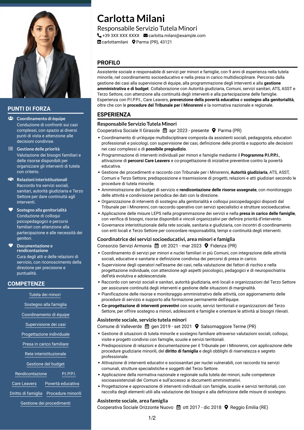 CV Signature (formato con colonna laterale colorata e foto grande): Responsabile Area Minori e Famiglia, pagina 1
