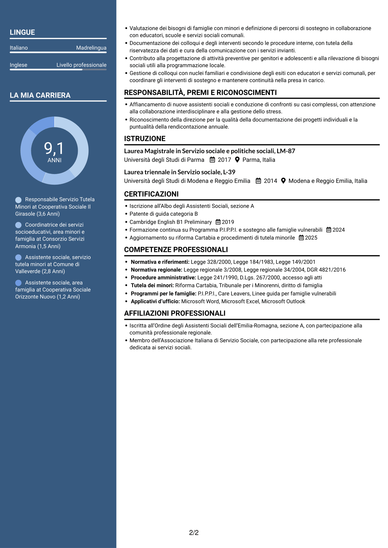 CV Signature (formato con colonna laterale colorata e foto grande): Responsabile Area Minori e Famiglia, pagina 2