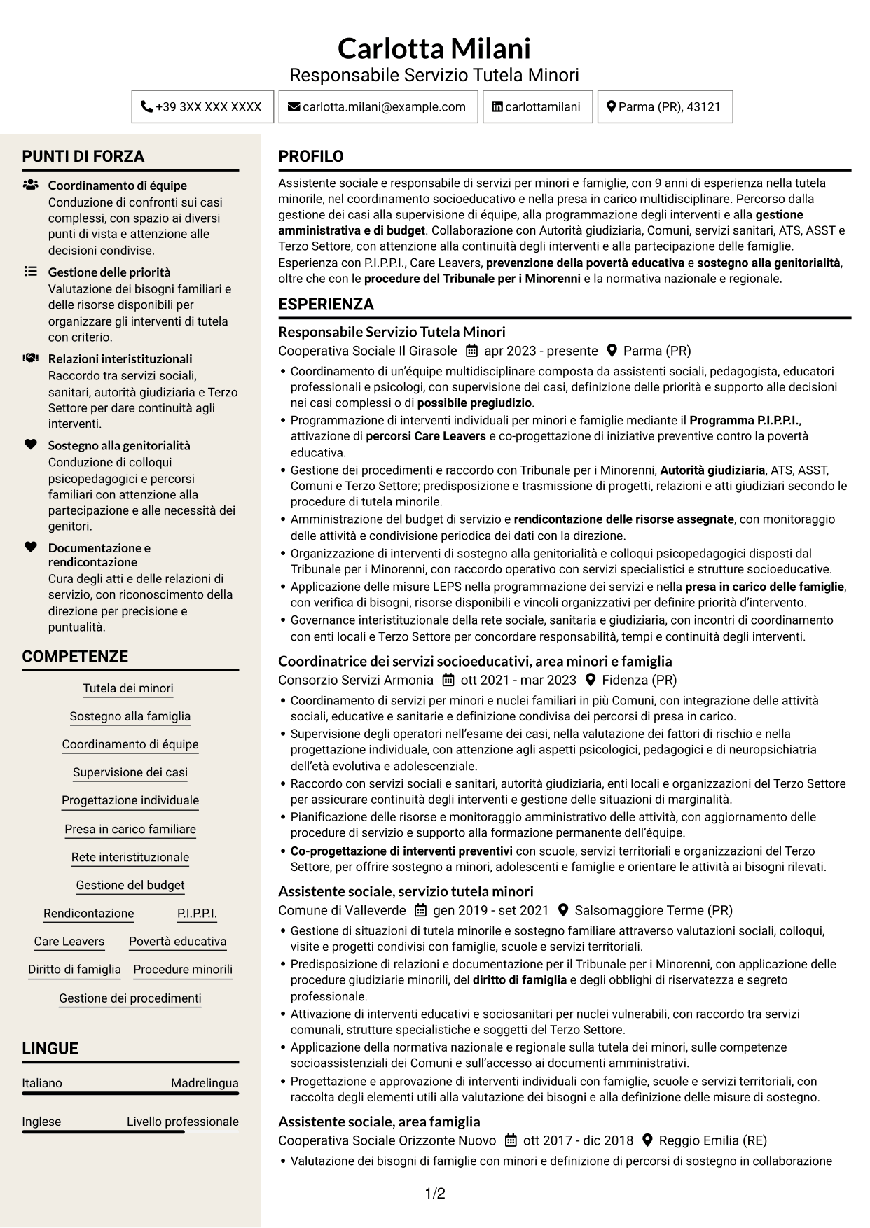 CV Intraprendente (formato a due colonne con intestazione centrata senza foto): Responsabile Area Minori e Famiglia, pagina 1