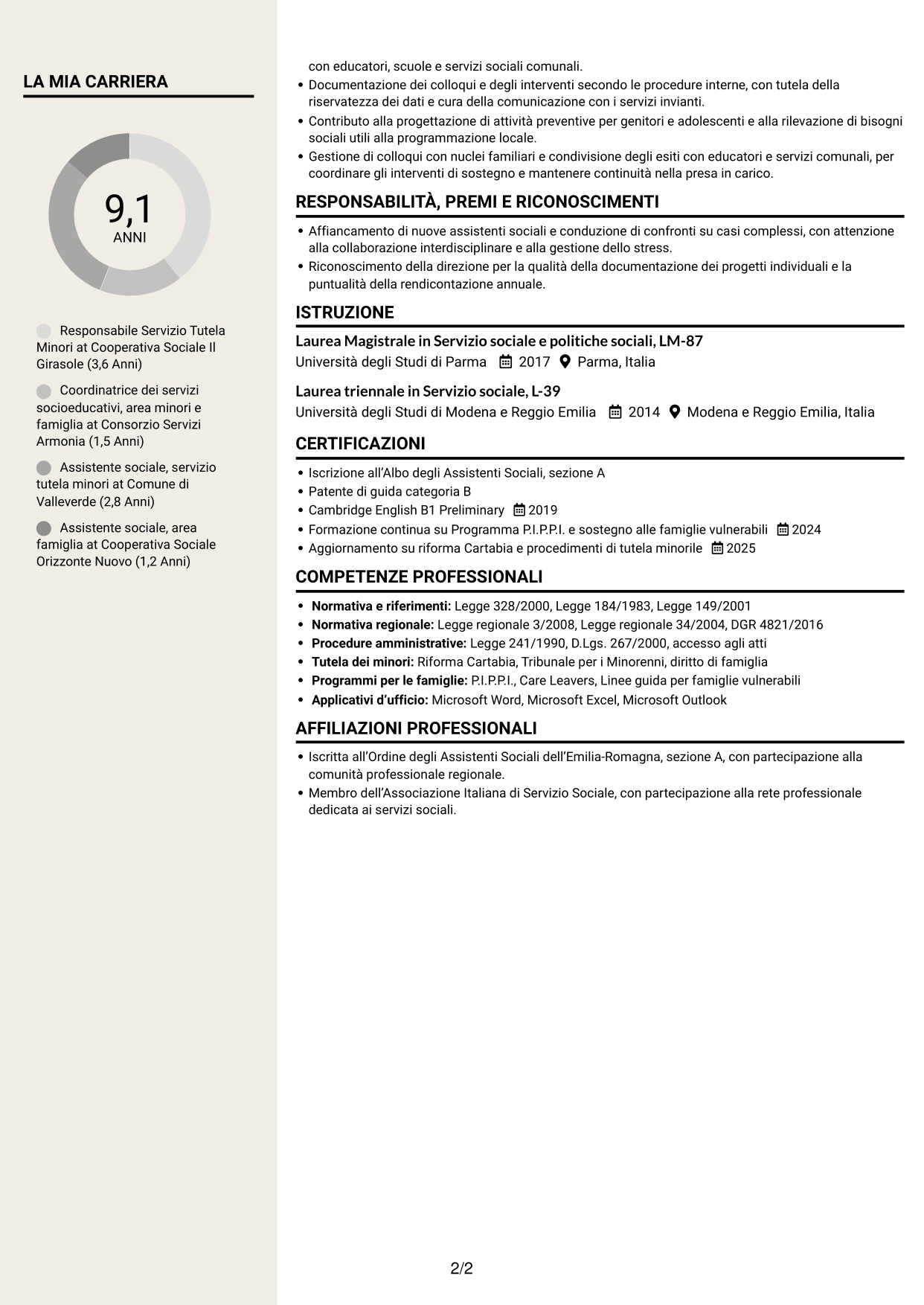 CV Intraprendente (formato a due colonne con intestazione centrata senza foto): Responsabile Area Minori e Famiglia, pagina 2
