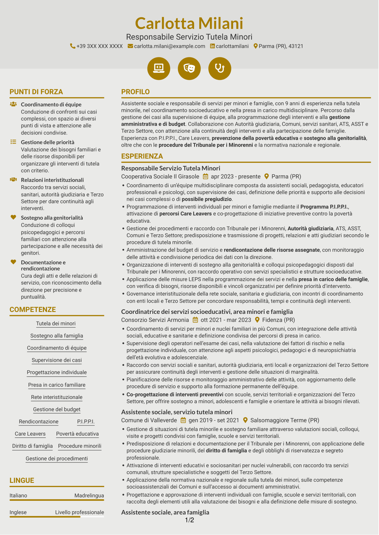 CV Dinamico (formato a due colonne con icone): Responsabile Area Minori e Famiglia, pagina 1