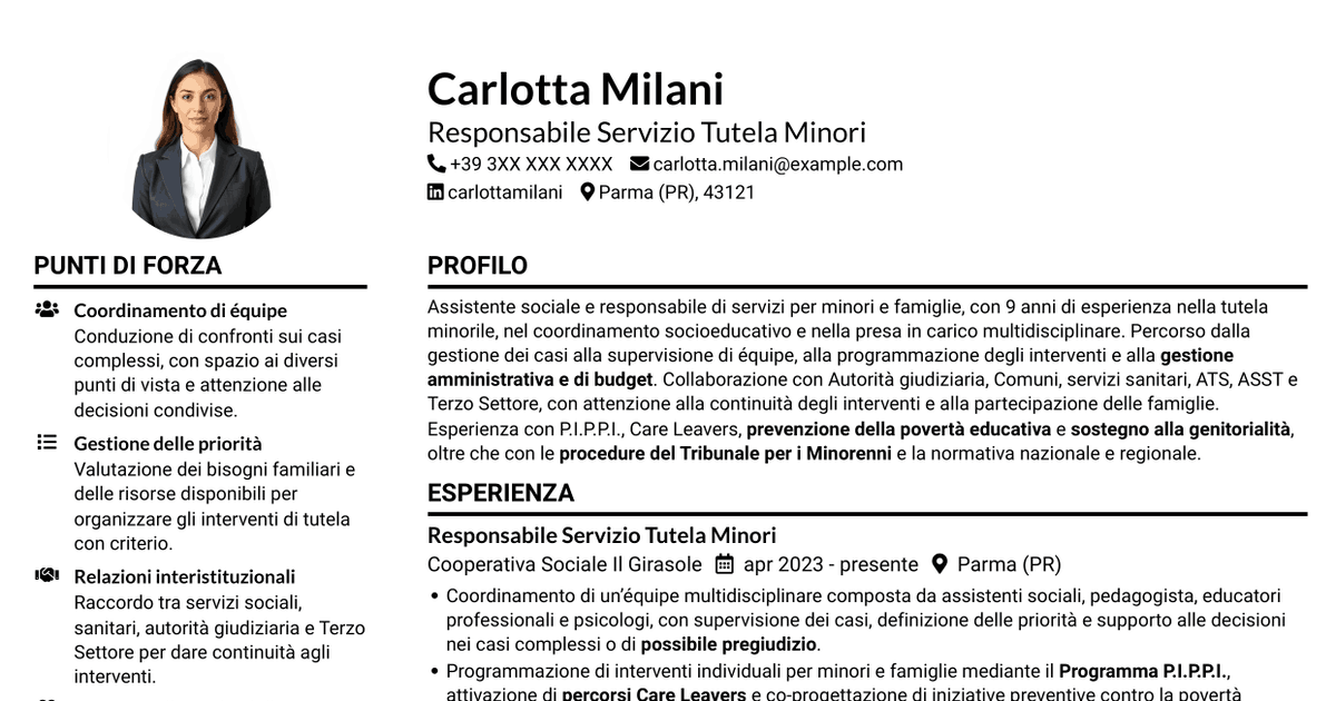 7 modelli di CV per Responsabile Area Minori e Famiglia, con esempi