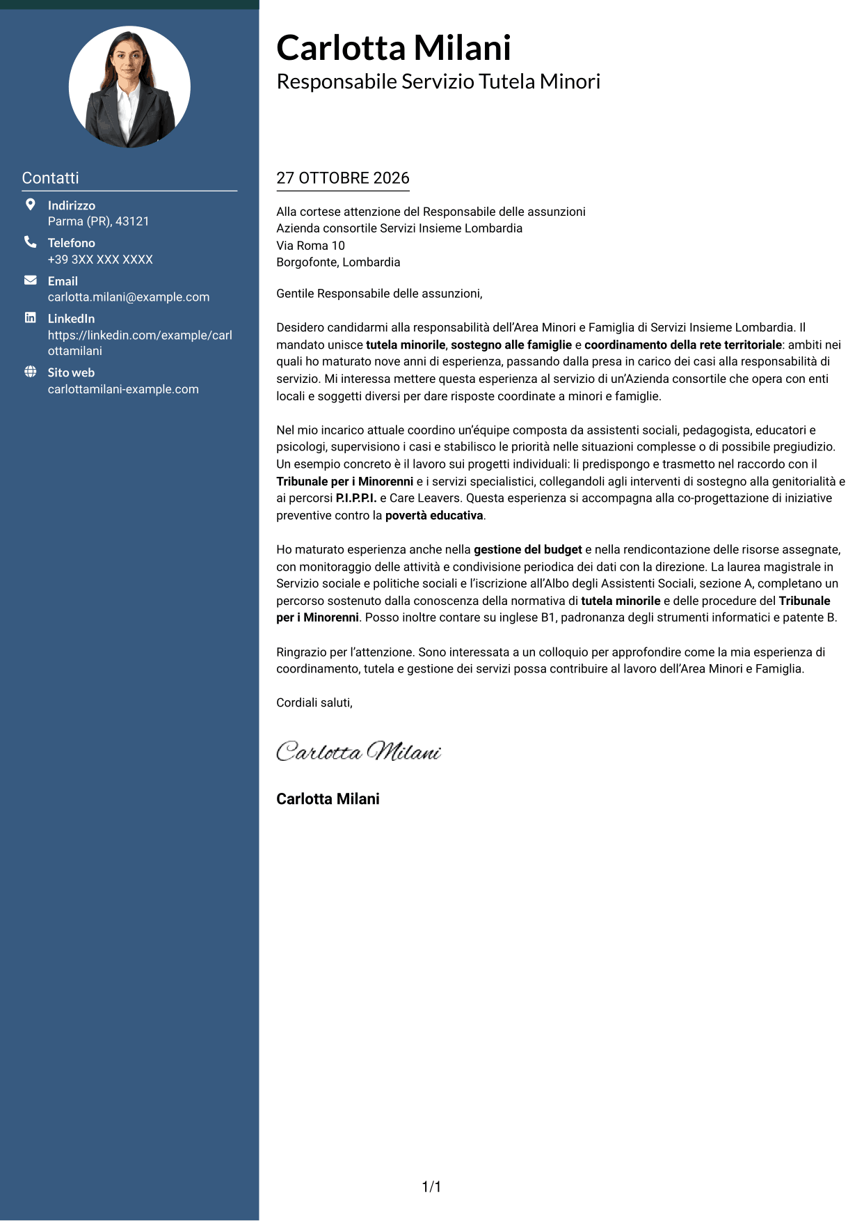 Lettera di presentazione Elegante (formato con colonna laterale colorata e foto): Responsabile Area Minori e Famiglia, pagina 1