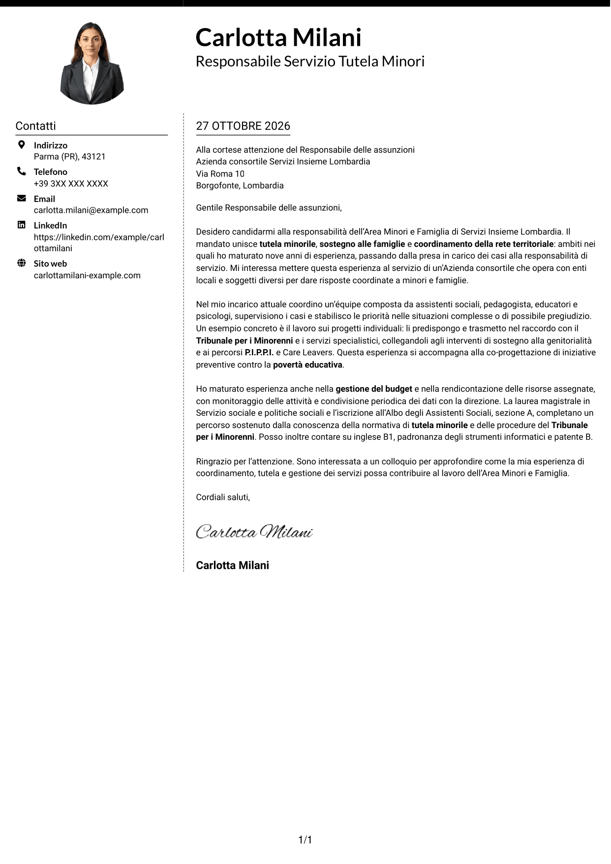 Lettera di presentazione Moderno (formato a due colonne con foto a sinistra e separatore): Responsabile Area Minori e Famiglia, pagina 1