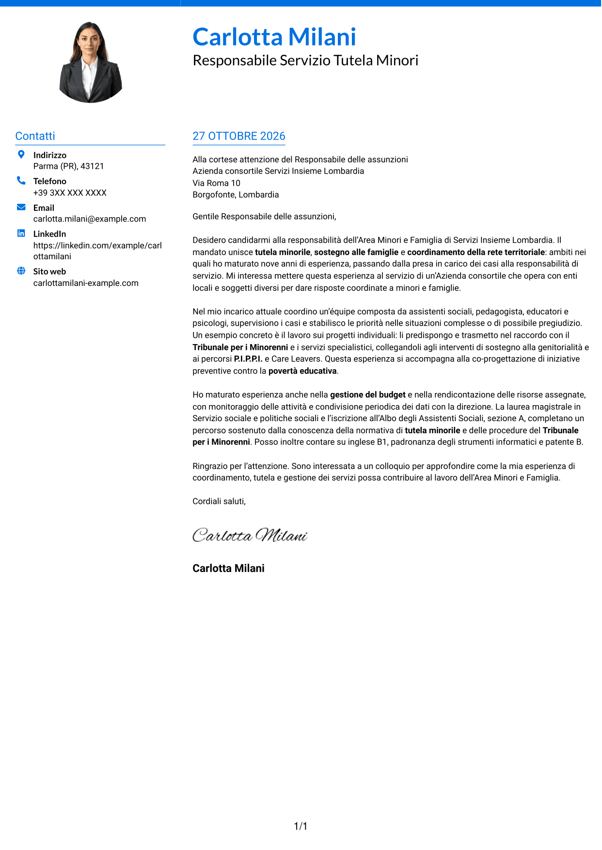 Lettera di presentazione Audace (formato a due colonne con accenti colorati e foto): Responsabile Area Minori e Famiglia, pagina 1