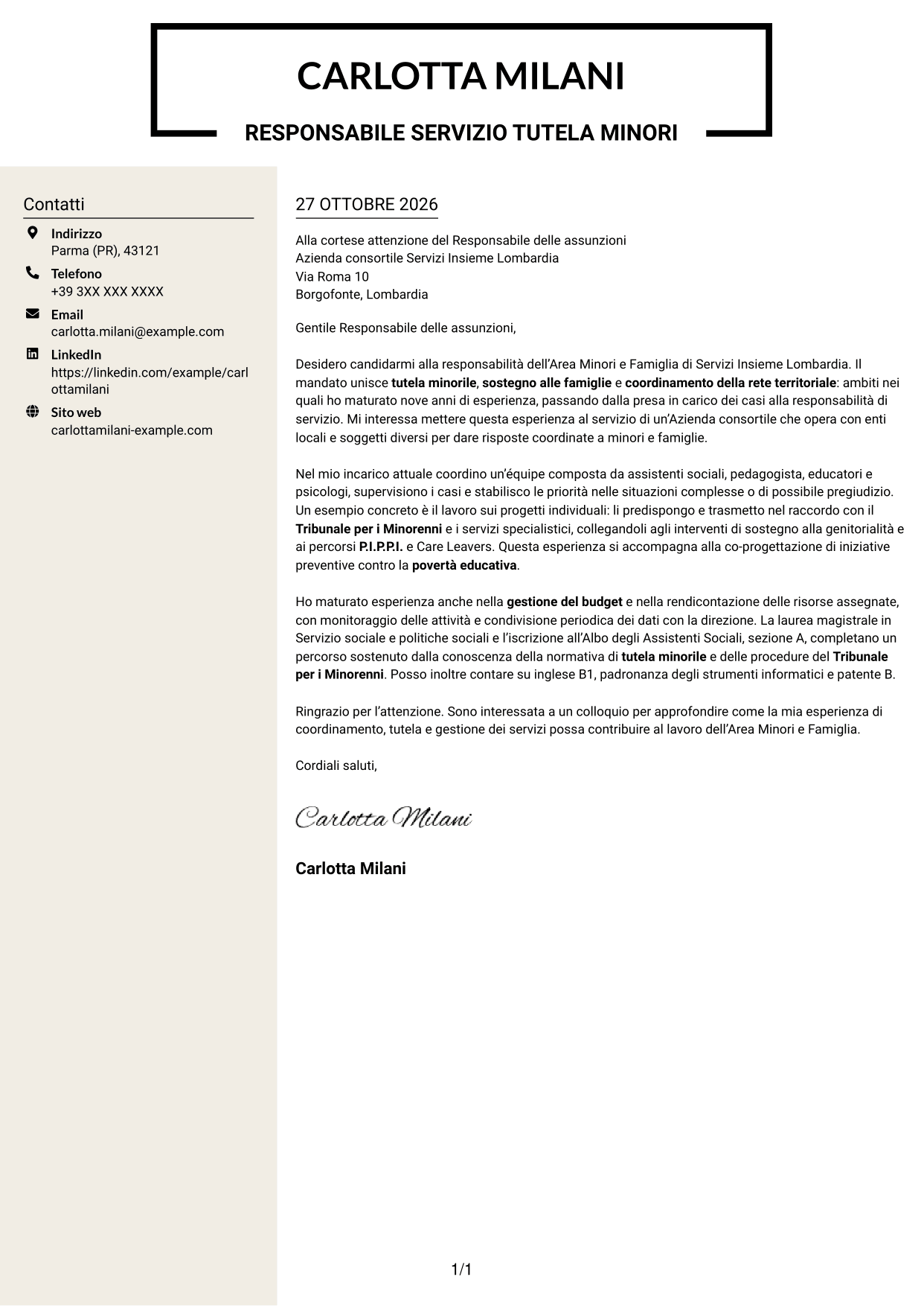 Lettera di presentazione Intraprendente (formato a due colonne con intestazione centrata senza foto): Responsabile Area Minori e Famiglia, pagina 1