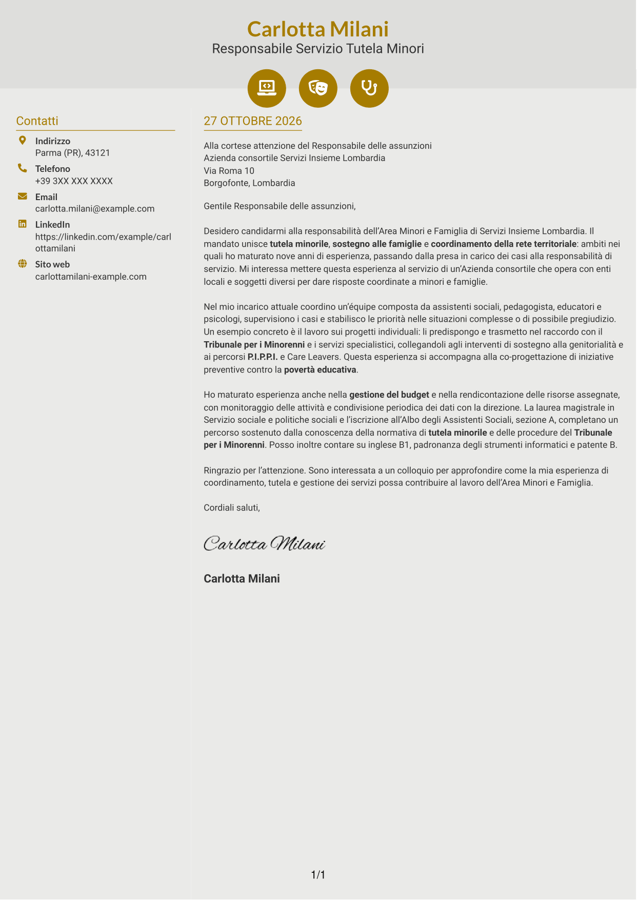 Lettera di presentazione Dinamico (formato a due colonne con icone): Responsabile Area Minori e Famiglia, pagina 1