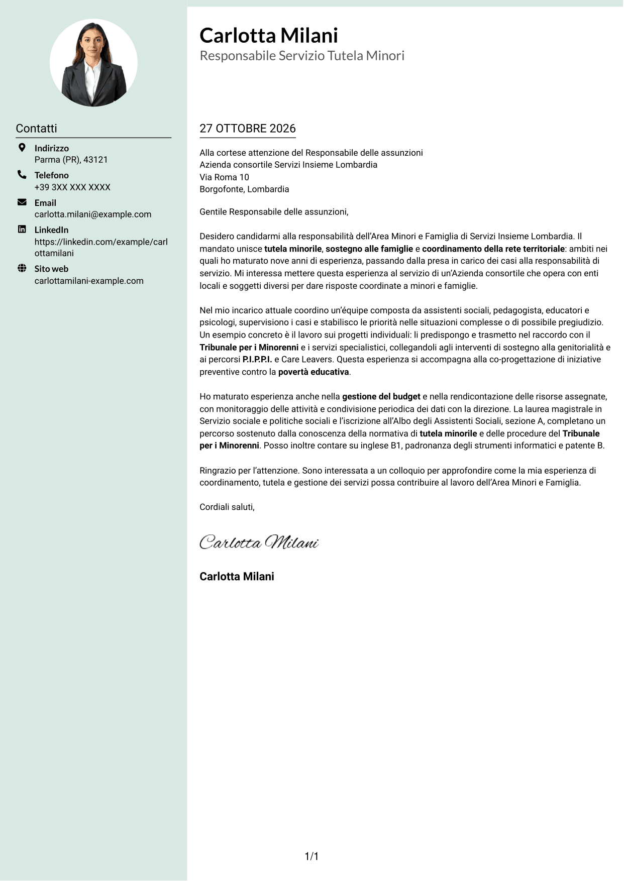 Lettera di presentazione Dirigente (formato con colonna laterale tenue e foto arrotondata): Responsabile Area Minori e Famiglia, pagina 1