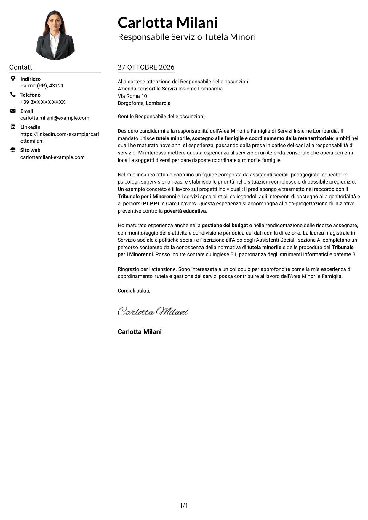 Esempio di lettera di presentazione — pagina 1