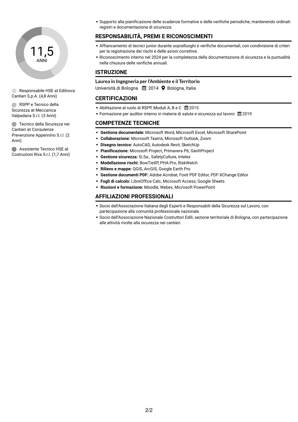 CV Compatto (formato sobrio a due colonne con foto): Responsabile della Sicurezza - Sicurezza nei cantieri, pagina 2