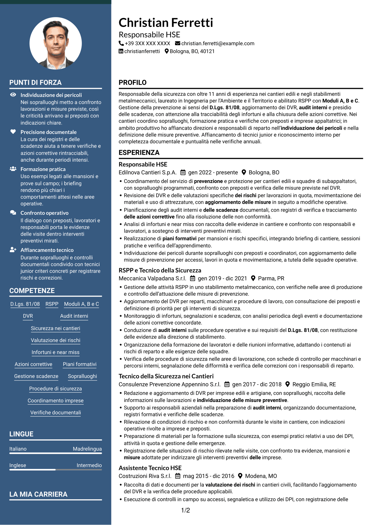 CV Elegante (formato con colonna laterale colorata e foto): Responsabile della Sicurezza - Sicurezza nei cantieri, pagina 1