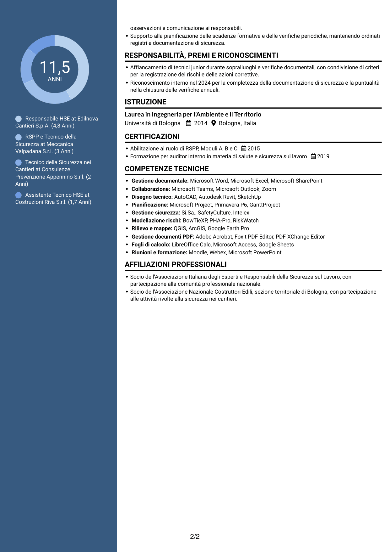 CV Elegante (formato con colonna laterale colorata e foto): Responsabile della Sicurezza - Sicurezza nei cantieri, pagina 2