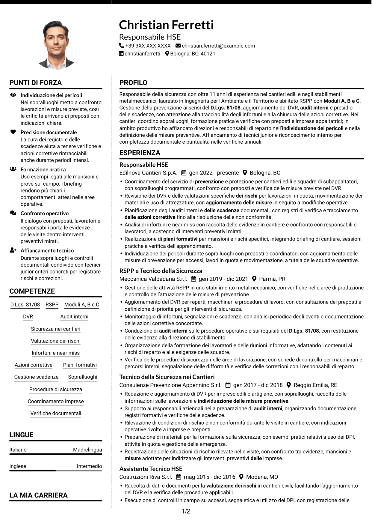 CV Moderno (formato a due colonne con foto a sinistra e separatore): Responsabile della Sicurezza - Sicurezza nei cantieri, pagina 1