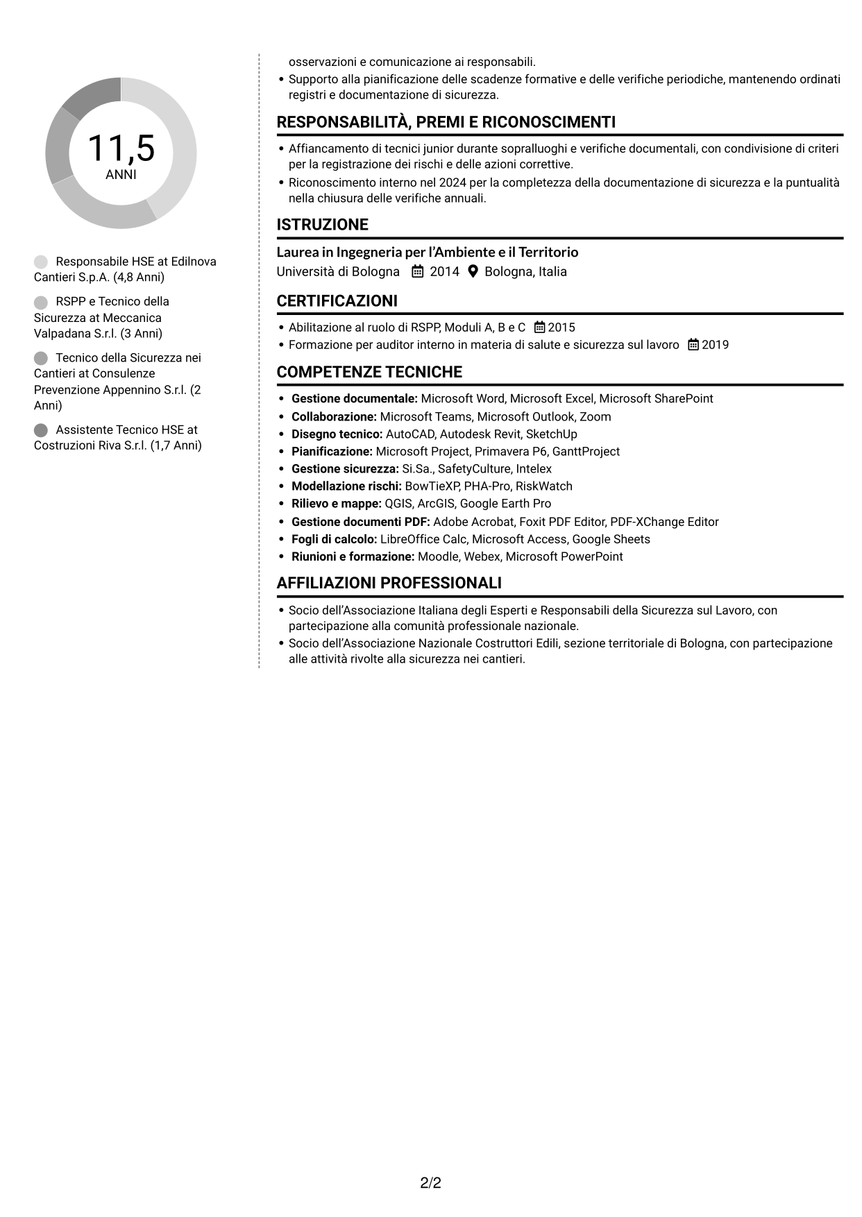 CV Moderno (formato a due colonne con foto a sinistra e separatore): Responsabile della Sicurezza - Sicurezza nei cantieri, pagina 2
