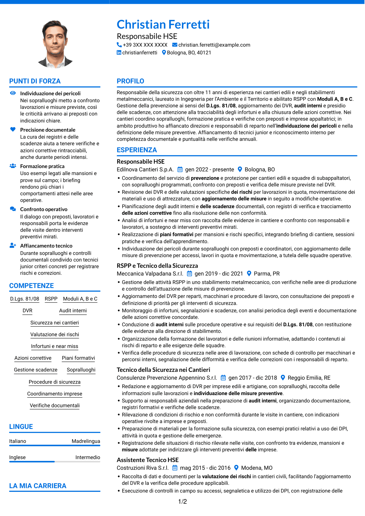 CV Audace (formato a due colonne con accenti colorati e foto): Responsabile della Sicurezza - Sicurezza nei cantieri, pagina 1
