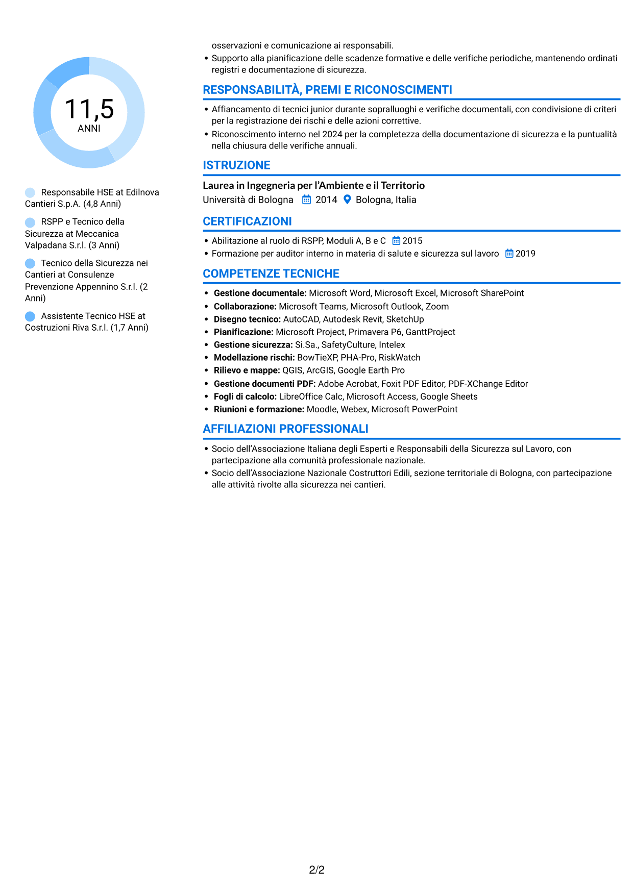 CV Audace (formato a due colonne con accenti colorati e foto): Responsabile della Sicurezza - Sicurezza nei cantieri, pagina 2