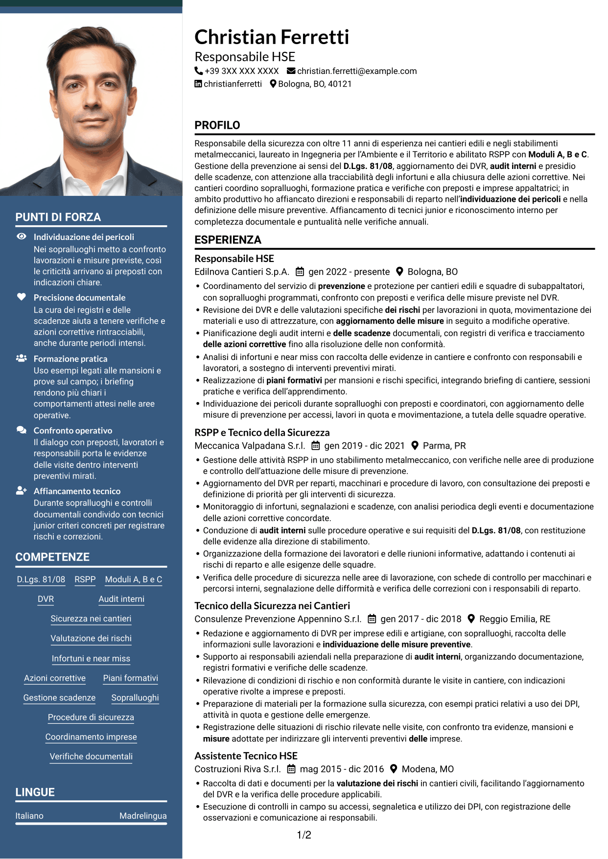 CV Signature (formato con colonna laterale colorata e foto grande): Responsabile della Sicurezza - Sicurezza nei cantieri, pagina 1