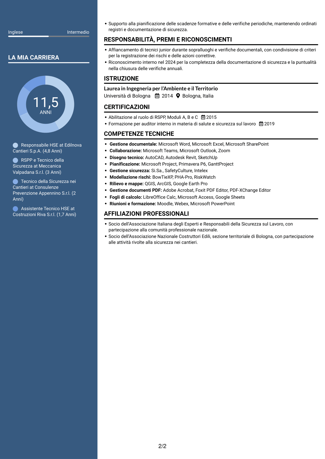 CV Signature (formato con colonna laterale colorata e foto grande): Responsabile della Sicurezza - Sicurezza nei cantieri, pagina 2