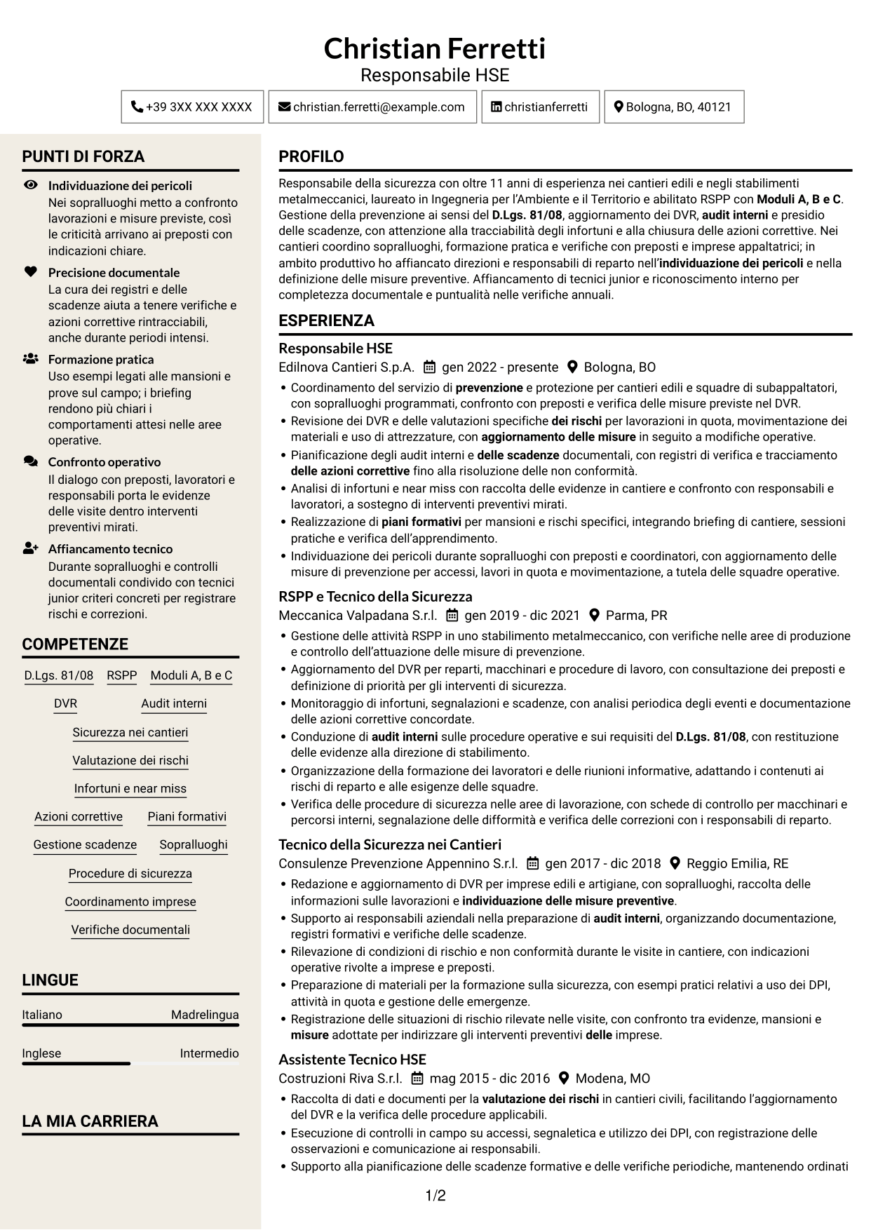 CV Intraprendente (formato a due colonne con intestazione centrata senza foto): Responsabile della Sicurezza - Sicurezza nei cantieri, pagina 1