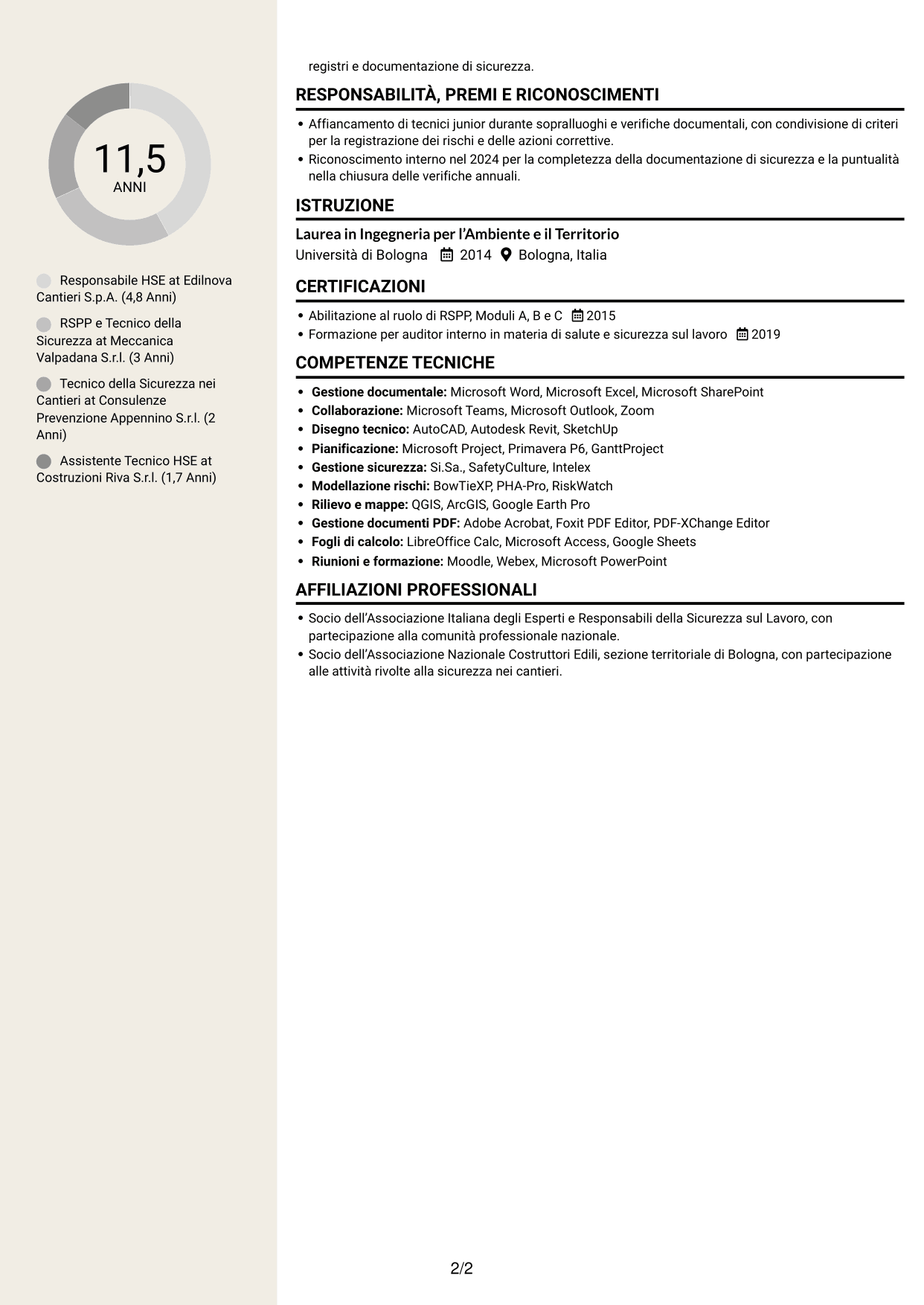 CV Intraprendente (formato a due colonne con intestazione centrata senza foto): Responsabile della Sicurezza - Sicurezza nei cantieri, pagina 2