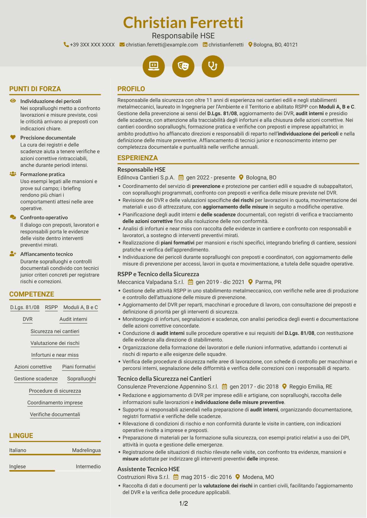 CV Dinamico (formato a due colonne con icone): Responsabile della Sicurezza - Sicurezza nei cantieri, pagina 1