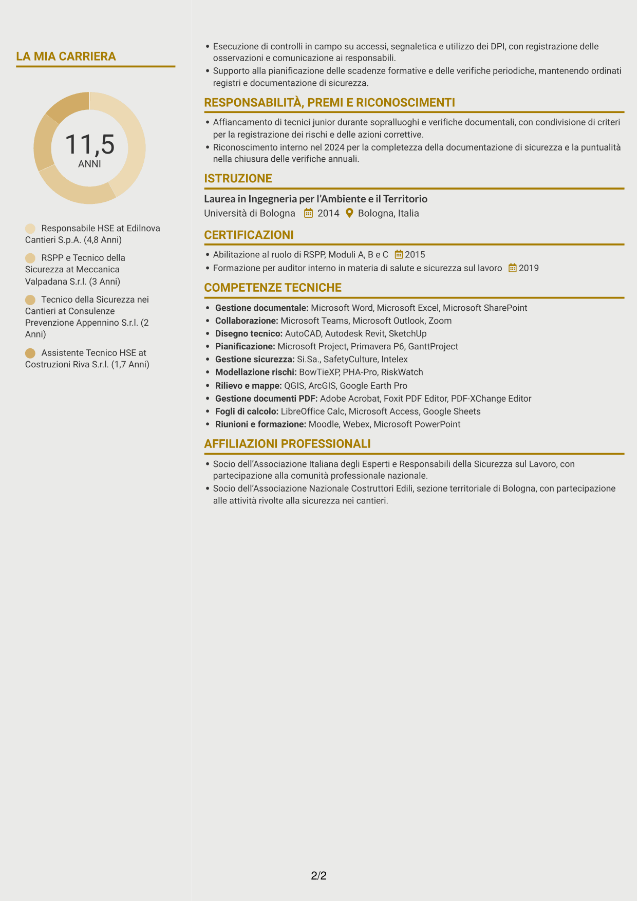 CV Dinamico (formato a due colonne con icone): Responsabile della Sicurezza - Sicurezza nei cantieri, pagina 2