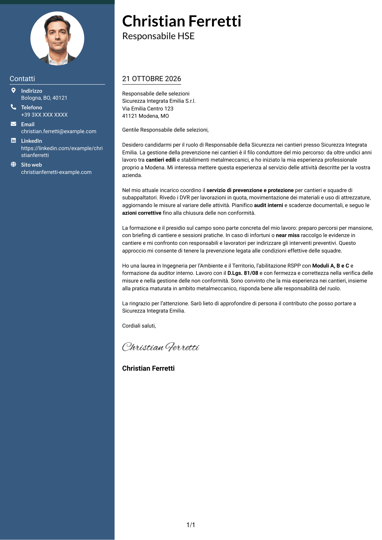 Lettera di presentazione Elegante (formato con colonna laterale colorata e foto): Responsabile della Sicurezza - Sicurezza nei cantieri, pagina 1