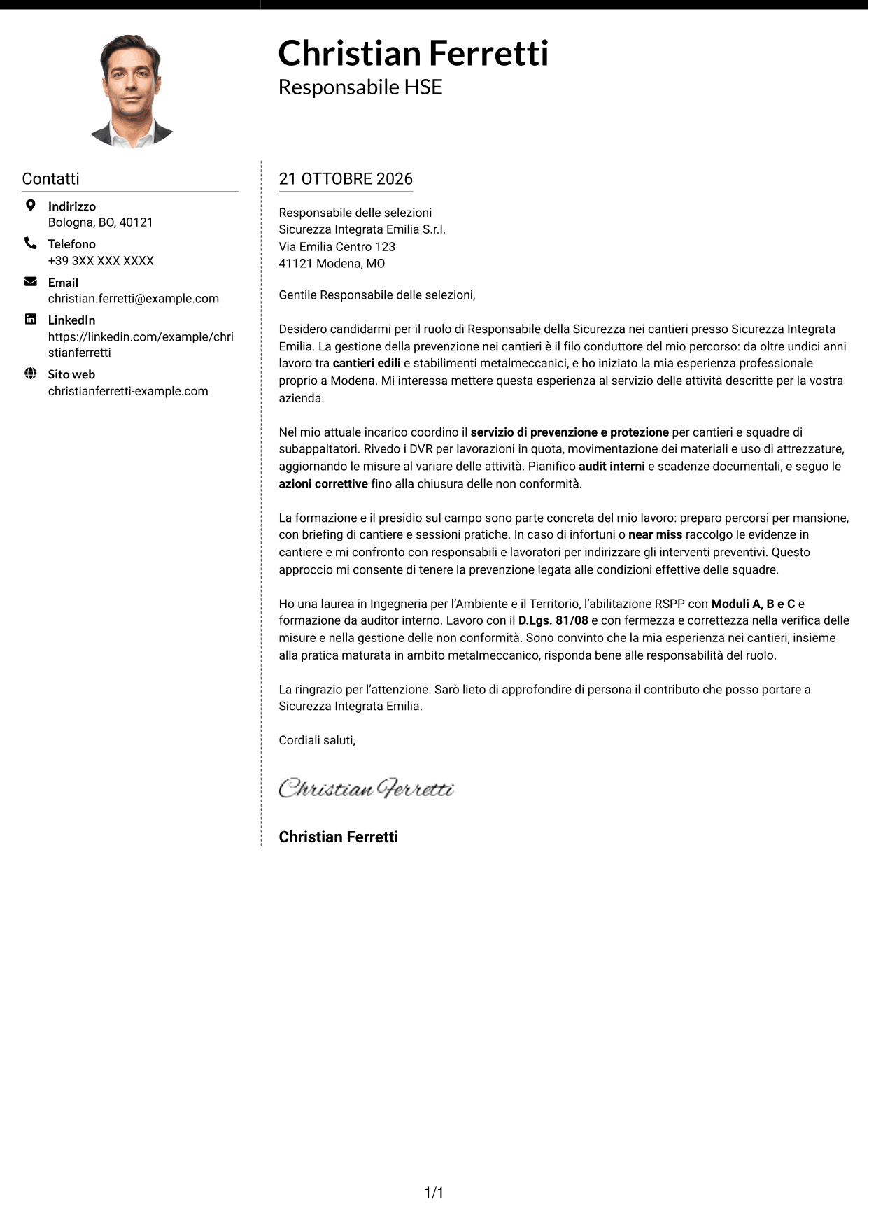 Lettera di presentazione Moderno (formato a due colonne con foto a sinistra e separatore): Responsabile della Sicurezza - Sicurezza nei cantieri, pagina 1