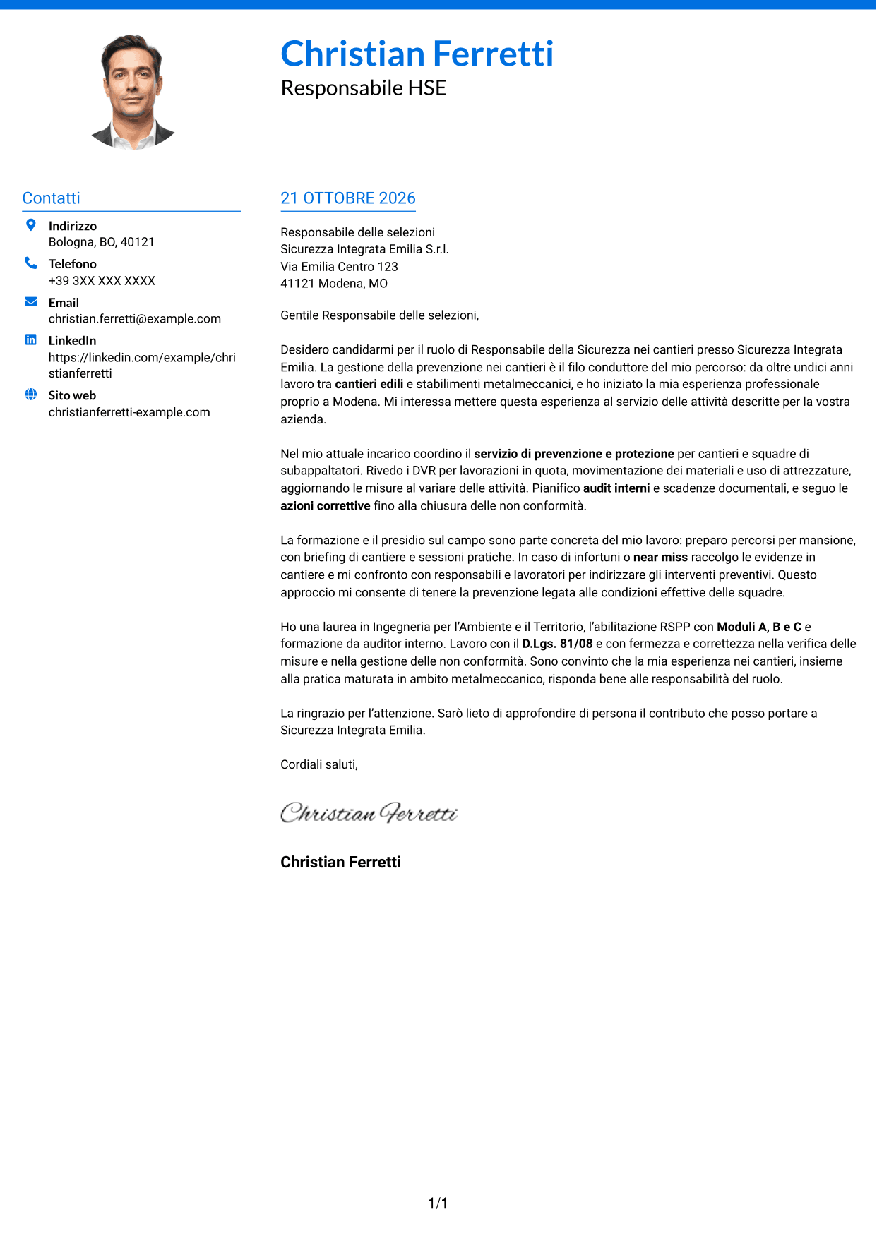 Lettera di presentazione Audace (formato a due colonne con accenti colorati e foto): Responsabile della Sicurezza - Sicurezza nei cantieri, pagina 1