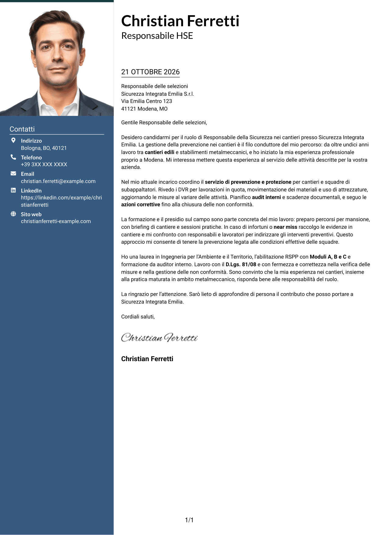 Lettera di presentazione Signature (formato con colonna laterale colorata e foto grande): Responsabile della Sicurezza - Sicurezza nei cantieri, pagina 1