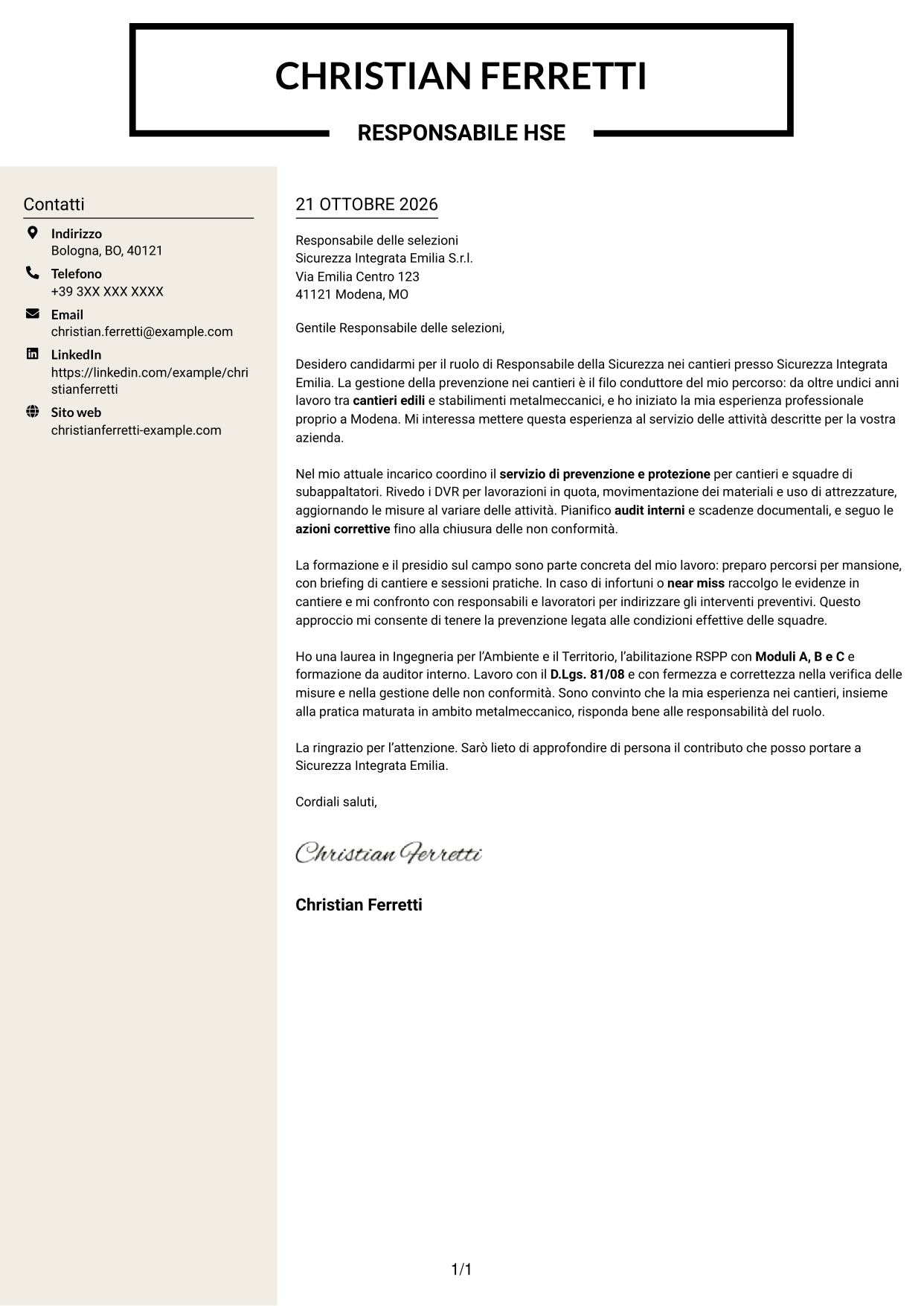 Lettera di presentazione Intraprendente (formato a due colonne con intestazione centrata senza foto): Responsabile della Sicurezza - Sicurezza nei cantieri, pagina 1