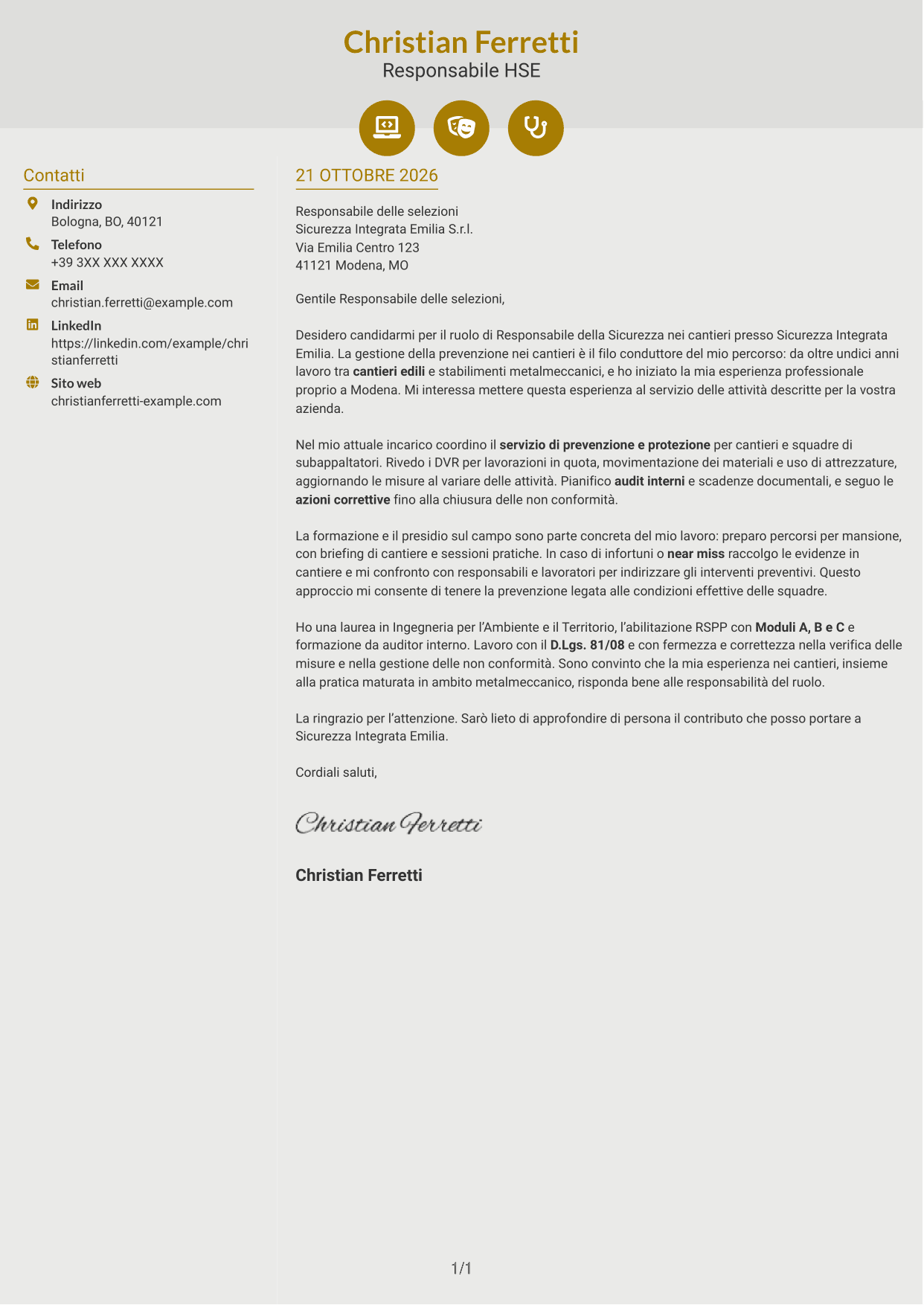 Lettera di presentazione Dinamico (formato a due colonne con icone): Responsabile della Sicurezza - Sicurezza nei cantieri, pagina 1