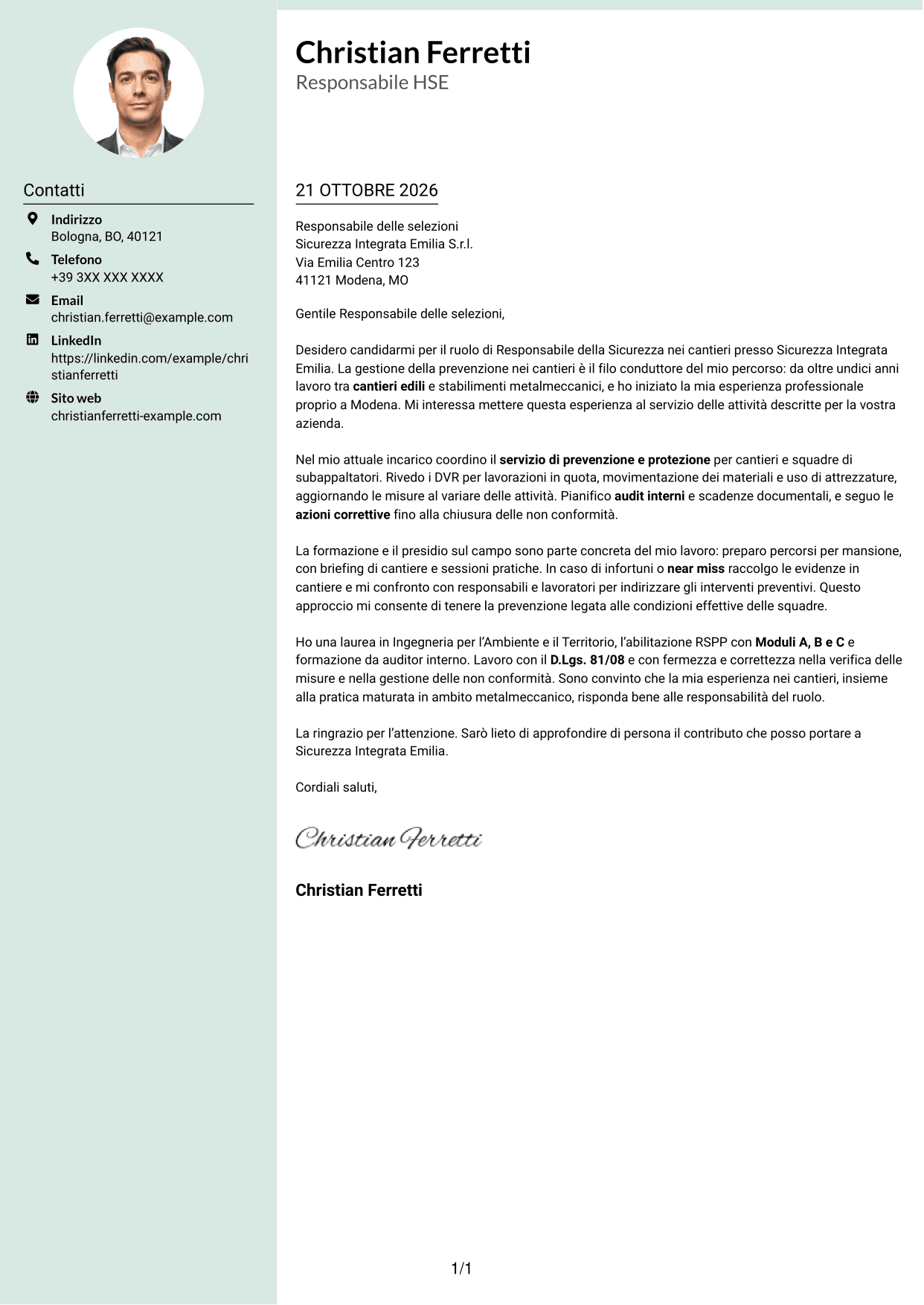 Lettera di presentazione Dirigente (formato con colonna laterale tenue e foto arrotondata): Responsabile della Sicurezza - Sicurezza nei cantieri, pagina 1