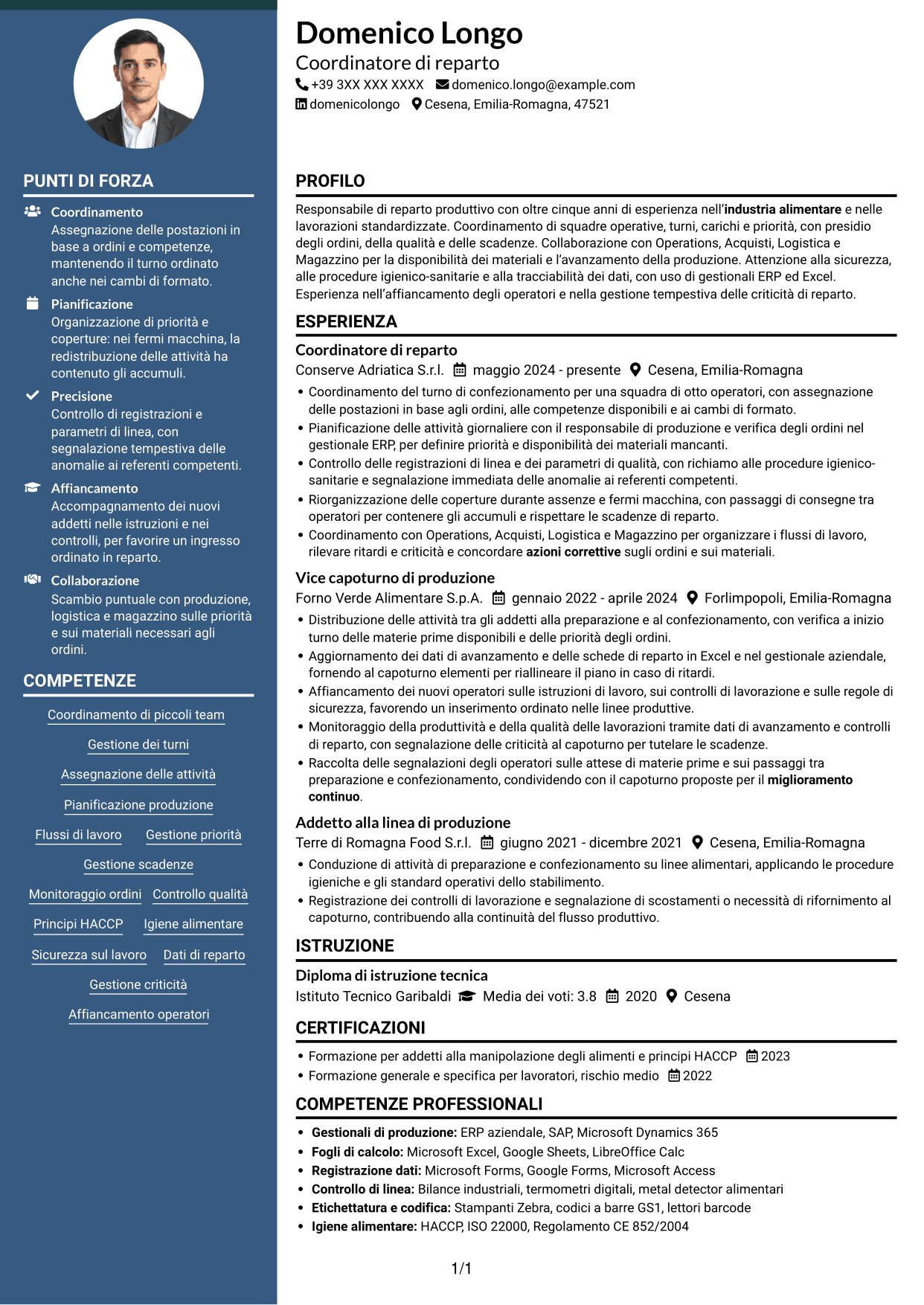 CV Elegante (formato con colonna laterale colorata e foto): Responsabile di Reparto - Produzione Alimentare, pagina 1