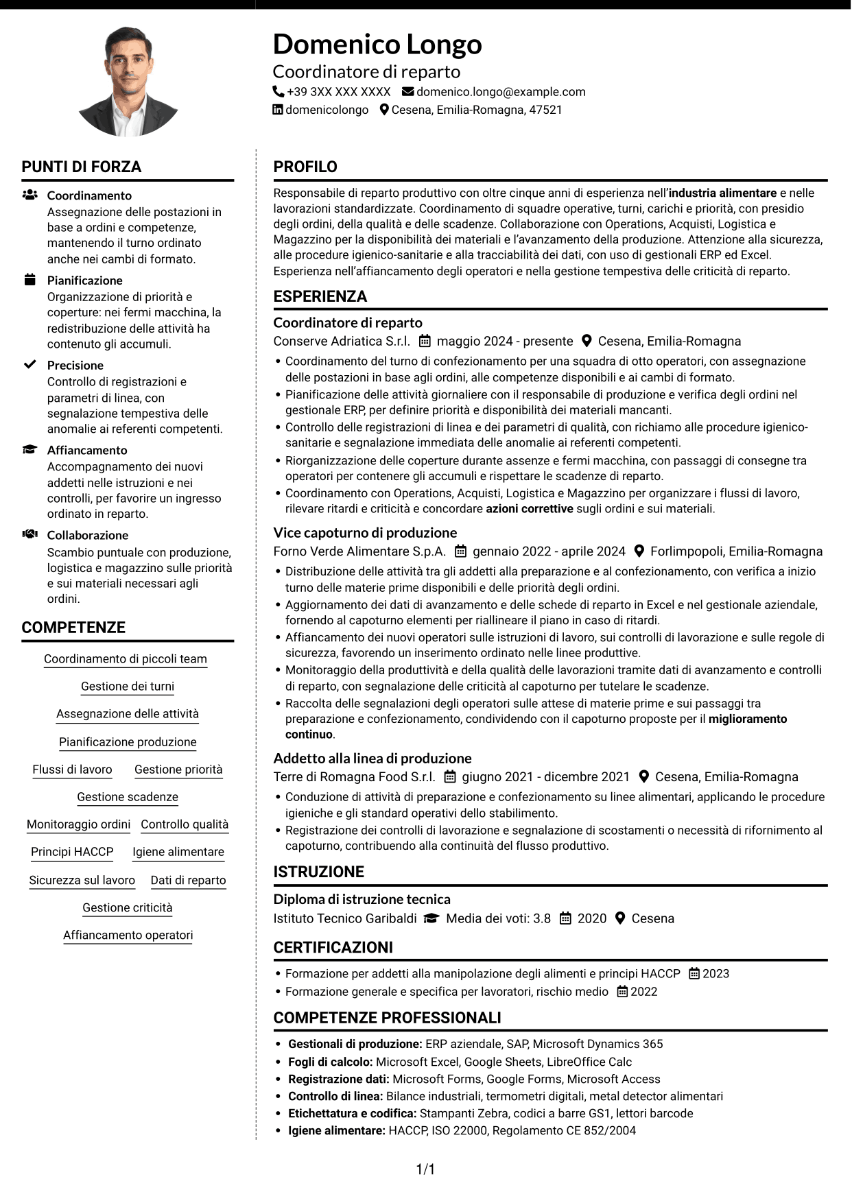 CV Moderno (formato a due colonne con foto a sinistra e separatore): Responsabile di Reparto - Produzione Alimentare, pagina 1