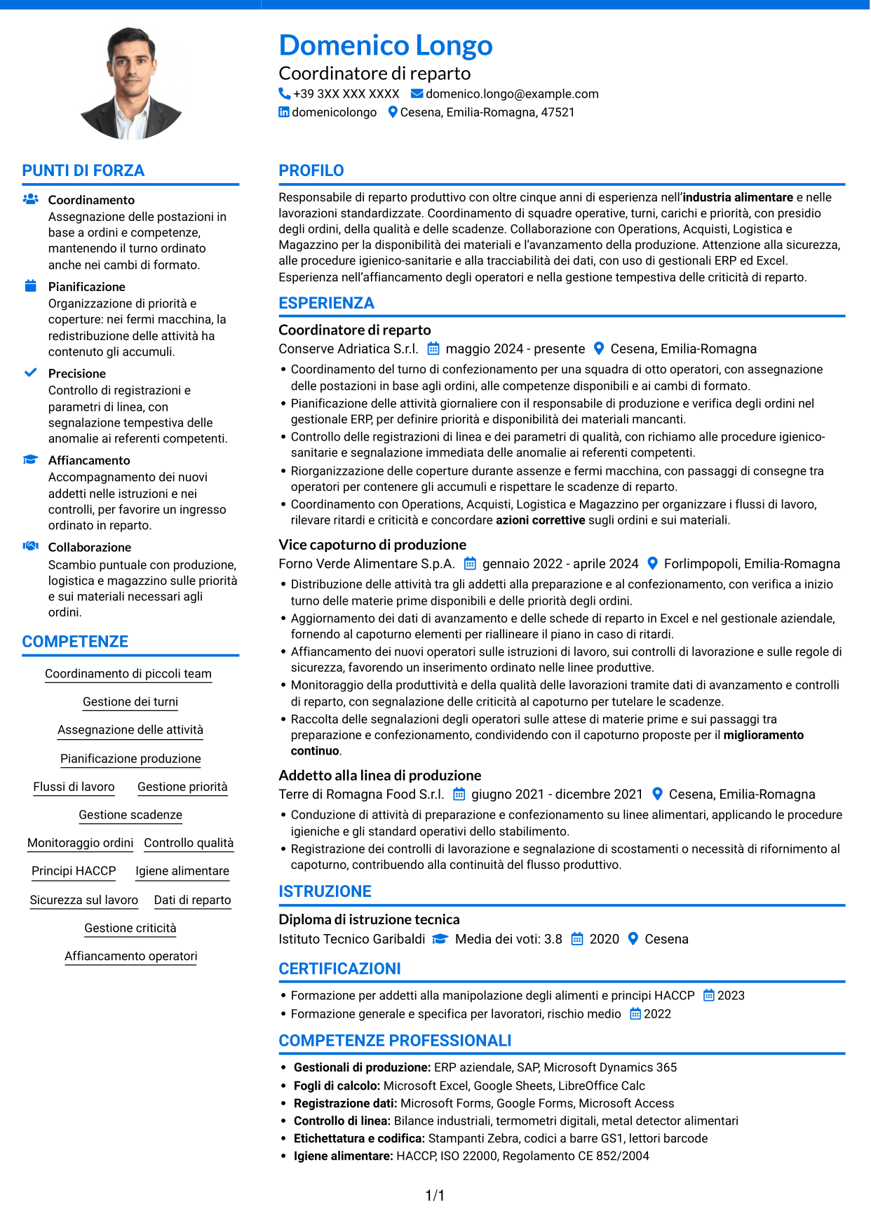 CV Audace (formato a due colonne con accenti colorati e foto): Responsabile di Reparto - Produzione Alimentare, pagina 1