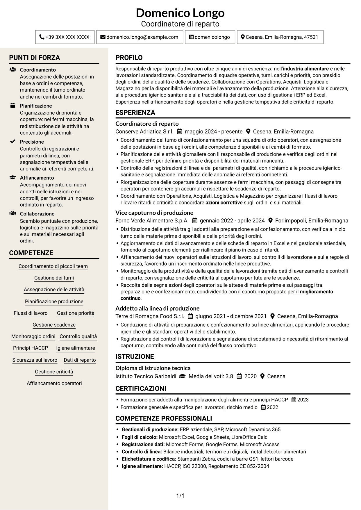 CV Intraprendente (formato a due colonne con intestazione centrata senza foto): Responsabile di Reparto - Produzione Alimentare, pagina 1