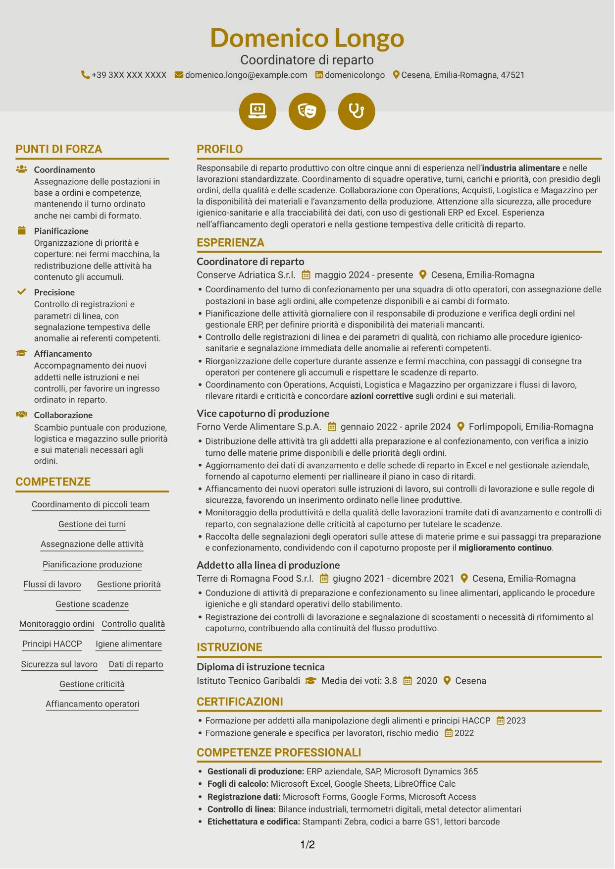 CV Dinamico (formato a due colonne con icone): Responsabile di Reparto - Produzione Alimentare, pagina 1