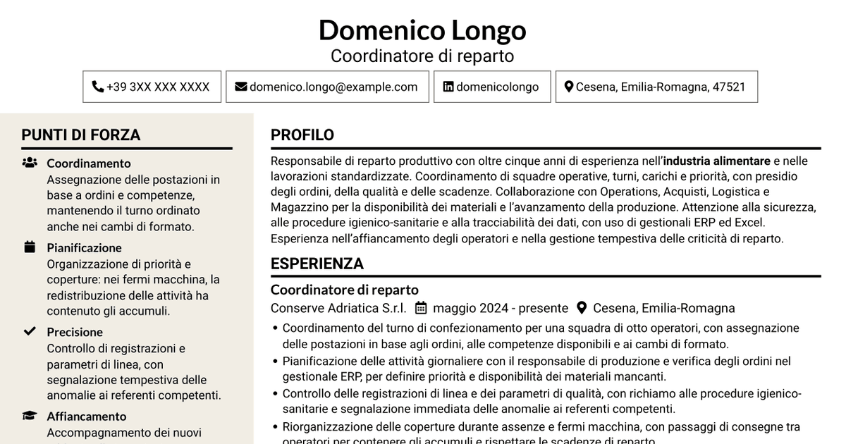 7 modelli di CV per Responsabile di Reparto - Produzione Alimentare, con esempi