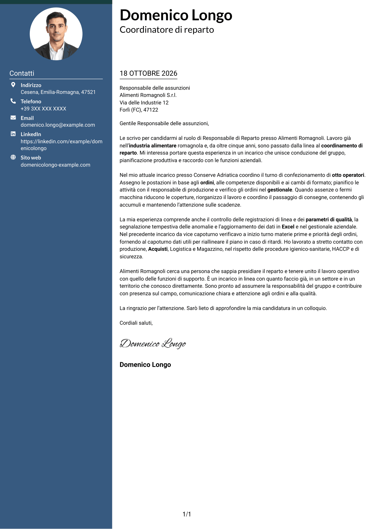 Lettera di presentazione Elegante (formato con colonna laterale colorata e foto): Responsabile di Reparto - Produzione Alimentare, pagina 1