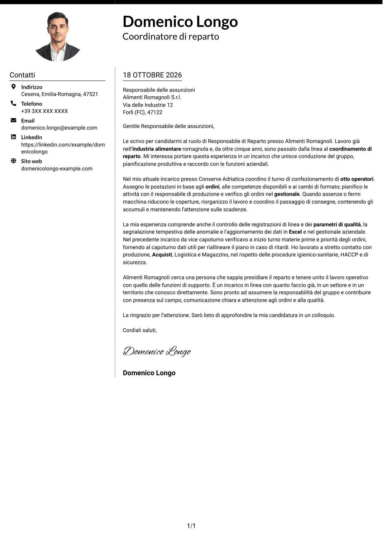 Lettera di presentazione Moderno (formato a due colonne con foto a sinistra e separatore): Responsabile di Reparto - Produzione Alimentare, pagina 1