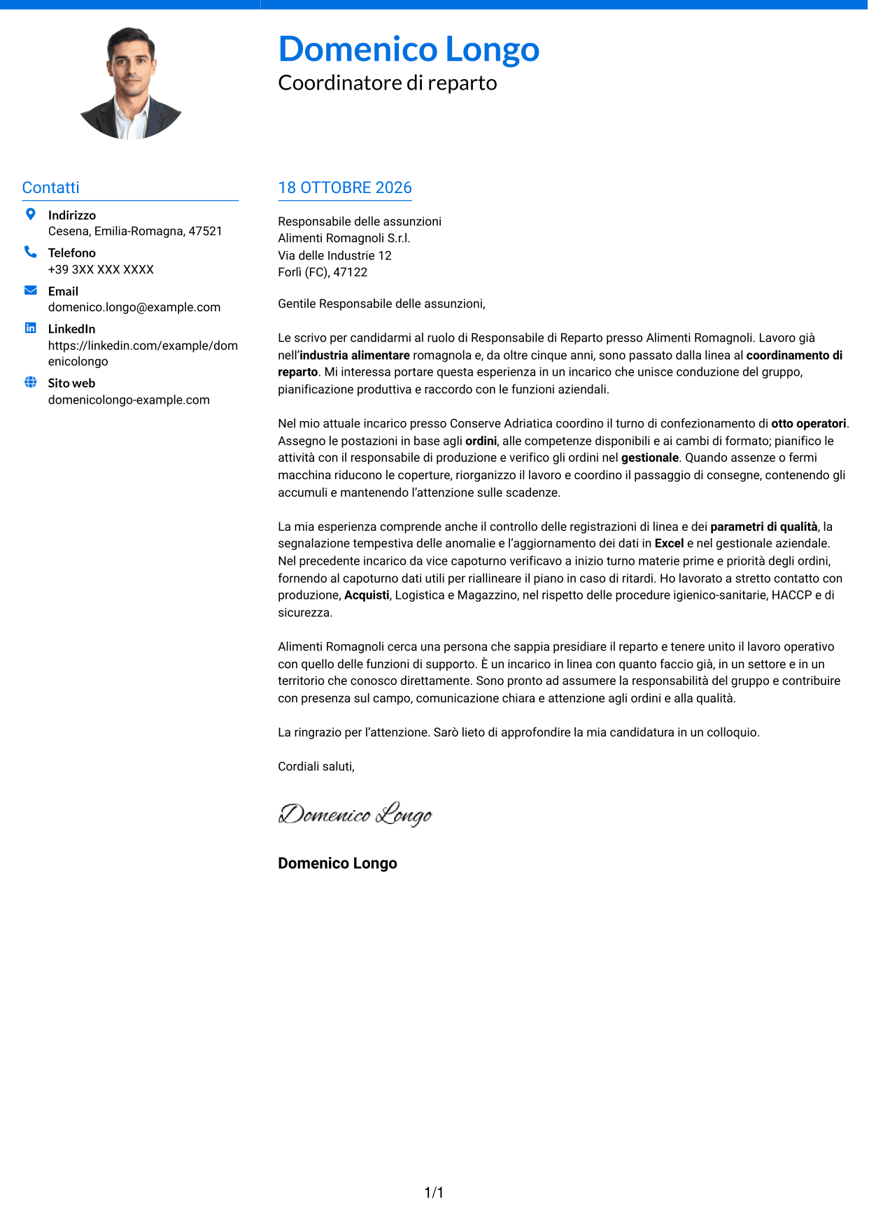 Lettera di presentazione Audace (formato a due colonne con accenti colorati e foto): Responsabile di Reparto - Produzione Alimentare, pagina 1