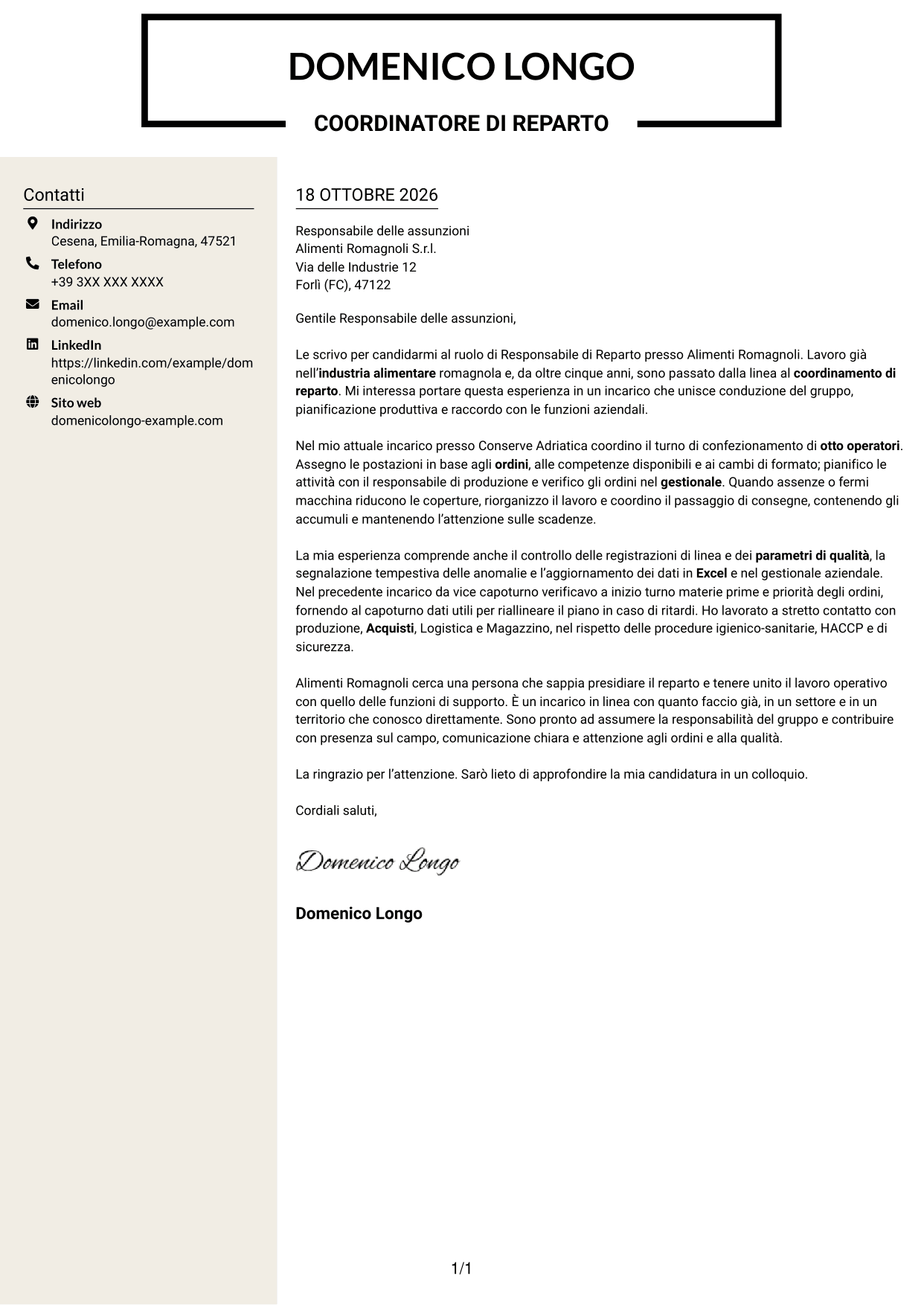 Lettera di presentazione Intraprendente (formato a due colonne con intestazione centrata senza foto): Responsabile di Reparto - Produzione Alimentare, pagina 1
